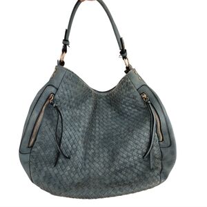 Woven Vegan Leather Shoulder Bag Teal Large Capacity One‎ Handle